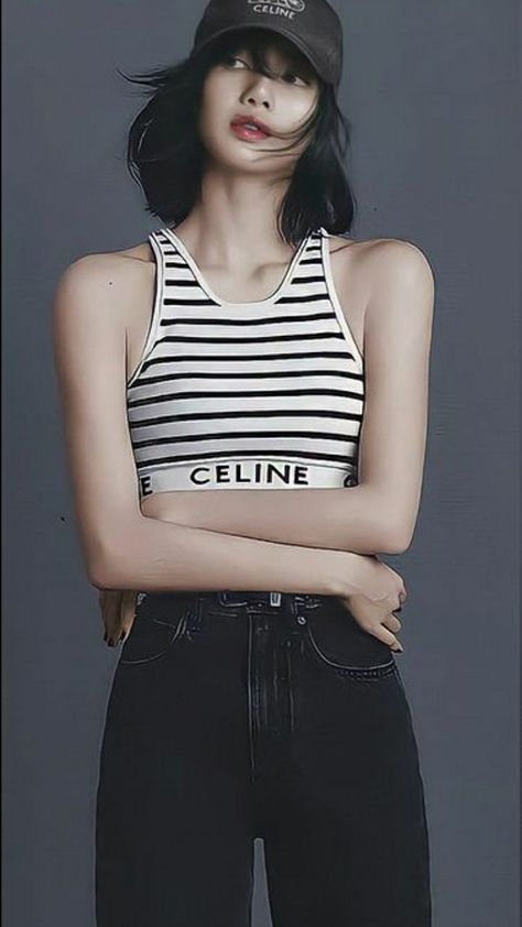 Celine Bra Top Outfit, Celine Top Outfit, Stripe Crop Top Outfit, Bra Top Outfit, Celine Top, Lisa Manoban, Top Bra, Luxury Clothes, Outfit Check