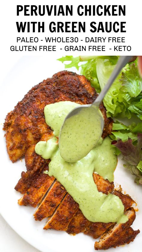 Peruvian Chicken with Green Sauce Peruvian Roasted Chicken And Green Sauce, Pio Pio Chicken Recipe, Purvian Chicken Recipe, Peruvian Chicken White Sauce, Peruvian Chicken Breast Recipe, Viva Chicken Sauce Recipes, Chicken In Green Sauce, Green Sauce For Chicken, Avocado Sauce For Chicken