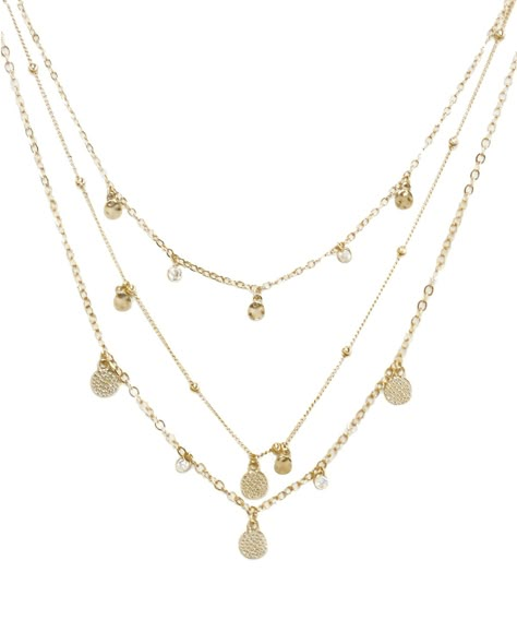 Get that trendy "pre-layered" look with this dainty, multi-chain and disc charm necklace. Accented with cubic zirconia crystals. Cute Gold Necklaces, Layered Necklaces Gold, Layered Gold Necklace, Layered Gold Necklaces, Necklaces Layered, Triple Layer Necklace, Gold Layered Necklace, Jewelry Piercing, Layer Necklace