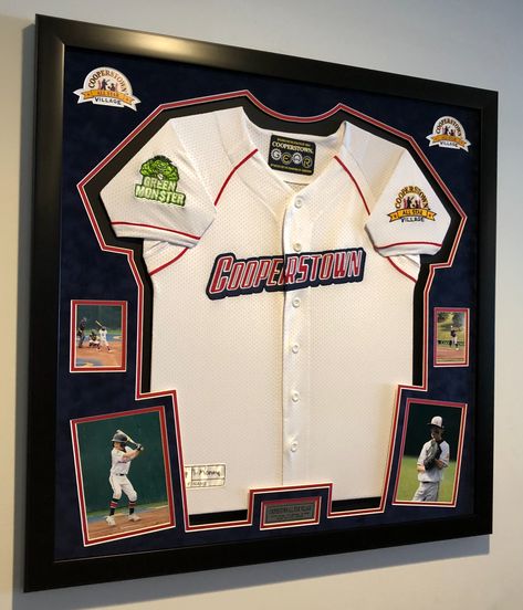 Baseball Jersey Display Ideas, Jersey Keepsake Ideas, Sports Display Ideas, Diy Jersey Display, Baseball Trophy Ideas, Framing A Jersey, Cooperstown Shadow Box Ideas, Framed Jersey And Medal, Signed Jersey Display