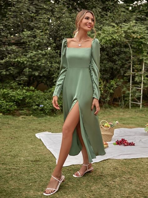 Solid Square Neck Split Hem Dress | SHEIN USA Sage Green Prom, Sage Green Prom Dress, Silk Dress Design, Green Prom Dresses, Raw Silk Dress, Long Sleeve Bridesmaid Dress, Green Prom, Square Neck Long Sleeve, Split Hem Dress