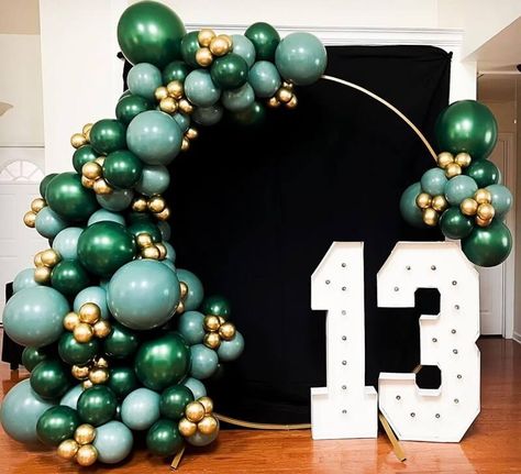 Black Green And Gold Birthday Decorations, Green And Gold Party Decorations Backdrop Ideas, Balloon Arch With Numbers, Green And Gold Party Backdrop, Balloon Arch With Marquee Numbers, Dark Green And Gold Balloon Arch, Green And Gold Birthday Backdrop, Green And Gold Graduation Backdrop, Green Birthday Decorations