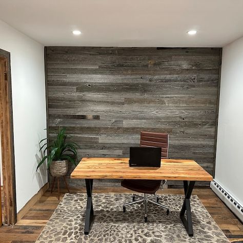 Gray Wood Wall Paneling, Shiplack Walls, Barnwood Paneling, Modern Rustic Office, Tin Wainscoting, Laminate Flooring On Walls, Texture Walls, Brown Accent Wall, Wood Wall Planks