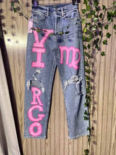 Zodiac Sign Pants Photoshoot, Custom Made Birthday Outfits Black Women, Birthday Pants Ideas, Birthday Pants Paint, Painted Birthday Pants, Painted Jeans Birthday, Zodiac Jeans Photoshoot, Virgo Birthday Outfit Ideas, Birthday Jeans Painted