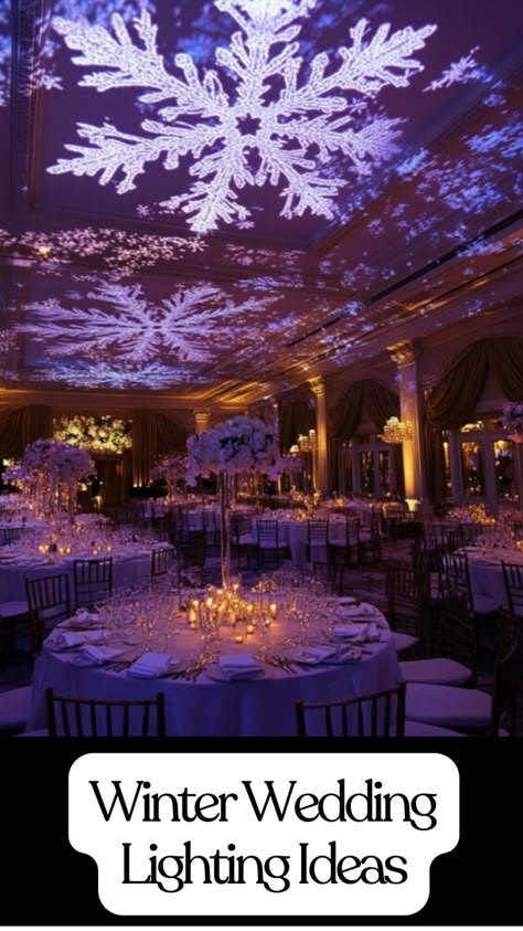 Elegant winter wedding lighting with snowflake projections and soft blue tones enhancing a winter wonderland theme. Winter Wonderland Reception Decorations, Winter Gala Theme Ideas, Winter Wonderland Wedding Ceremony, Winter Wonderland Wedding Table Decor, Wedding Venue Ideas Indoor Receptions, Christmas Wedding Blue, Winter Event Decor, Christmas Wedding Elegant, Snowflake Wedding Decor