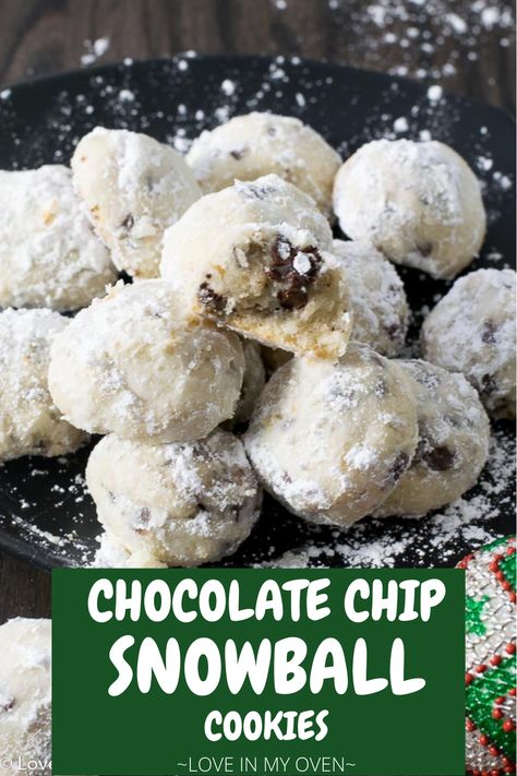 It's not Christmas without snowballs! These mini chocolate chip snowball cookies are a classic. Made without nuts or eggs, they're a great school-safe treat too! // snowball cookies no nuts // cookies with mini chocolate chips Chocolate Chip Snowball Cookies, Cookies With Chocolate Chips, Snowball Cookie Recipe, Easy Cookie Recipe, Cookies With Chocolate, Cookie Recipes Unique, Snowball Cookies, Best Christmas Cookies, Chocolate Cookie Recipes