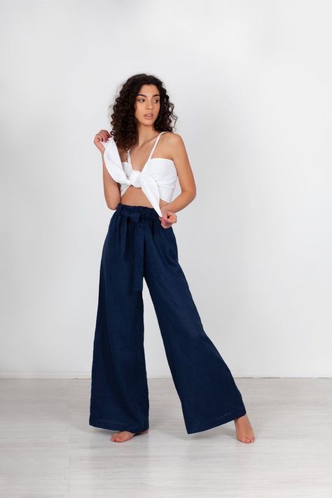 Wide Palazzo Pants, Navy Linen Pants, Loose Linen Pants, Navy Blue Pants, Pants Loose, High Waist Pants, Pink Sand, Fine Linen, Women Pants