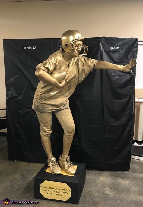 Trophy Costume, Trophy Stand, Trophy Shelf, Football Trophy, Football Trophies, Heisman Trophy, Homemade Costume, Costume Works, Gold Spray Paint