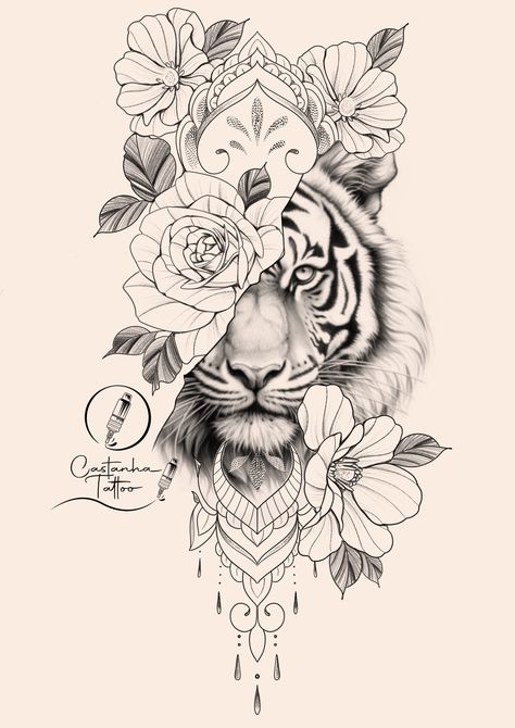 Tiger Tattoo With Flowers, Tiger Cherry Blossom Tattoo, Tiger Flower Tattoo, Tiger And Flower Tattoo, Tiger And Flower Tattoo For Women, Tiger And Floral Tattoo Design, Tiger With Flowers Tattoo, Floral Tiger Tattoo Design, Lioness Tattoo