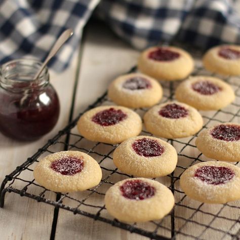 Raspberry Jam Thumbprint Cookies | Baking Mad Jam Thumbprint Cookies Recipe, Jam Biscuits, Fridge Staples, School Dinner Recipes, Raspberry Coffee Cakes, Cooking With Toddlers, Raspberry Thumbprint Cookies, Jam Thumbprint Cookies, School Dinner