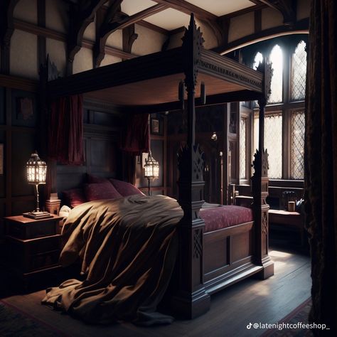 Hogwarts Dorm Aesthetic Gryffindor, Hogwarts Dorm Room Gryffindor, Hogwarts Dorm Ideas, Dark Academia Castle Bedroom, Castle Dorm Room, Fancy Dorm Rooms, Dorm Room Hogwarts, Gryffindor Dorm Room Aesthetic, Dark Academia Dorm Room Aesthetic