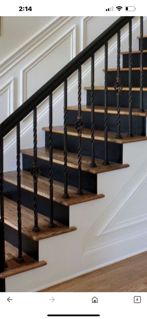 White Walls Black Trim Living Room Rugs, Black Farmhouse Staircase, Stairs Black Risers, Black White Wood Stairs, Painting Wood Railings Banisters, Stair Banister Black, Black And Gray Stairs, Black Wooden Staircase, Black Railing Stairs Banisters