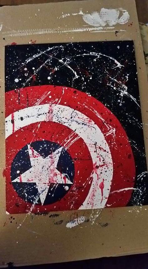 Captain America Shield Painting, Cool Marvel Paintings, Captain America Painting Easy, Marvel Paintings Easy, Captain America Bedroom Ideas, Marvel Paintings On Canvas, Avengers Painting Ideas, Super Hero Paintings, Avengers Paintings