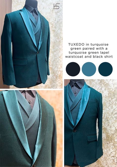 Turquoise green tuxedo in a glitter fabric, paired with a turquoise green waistcoat Turquoise Suit, Green Waistcoat, Green Tuxedo, Velvet Suit, Turquoise Green, Glitter Fabric, Carpet Looks, Black Suits, Red Carpet Looks