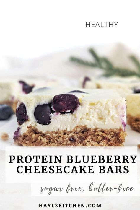 Beautiful and creamy Protein Blueberry Cheesecake Bars aka healthy blueberry cream cheese dessert bites! This healthy blueberry cheesecake bars use protein powder and greek yogurt, and have a healthy cheesecake crust with no butter! Protien Cheesecake Bites, Greek Yogurt Oatmeal Bars, High Protein Blueberry Cheesecake, Blueberry Cream Cheese Dessert, Protein Blueberry Cheesecake, Healthy Blueberry Cheesecake, Macro Desserts, Low Calorie Cheesecake, Greek Yogurt Oatmeal