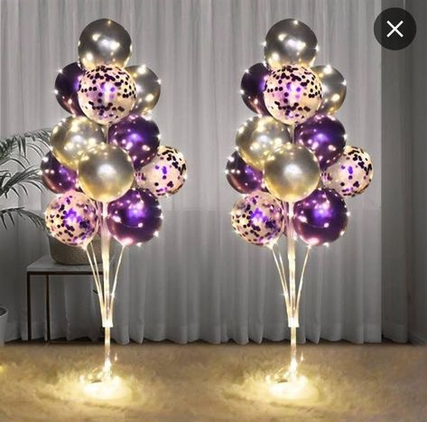 Baby Blue Centerpieces, Purple Sweet 16, Masquerade Party Decorations, Balloon Stand, Balloon Holders, Blue Centerpieces, Lighted Centerpieces, Purple Balloons, Purple Birthday