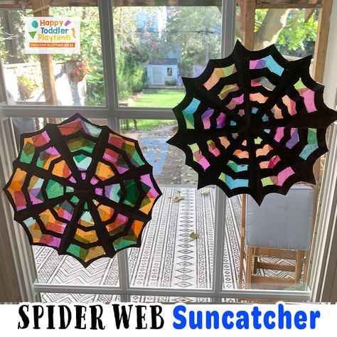 Spider Web Suncatcher Craft for Kids - HAPPY TODDLER PLAYTIME Spider Web Suncatcher Craft, Coffee Filter Spider Webs, Spider Sun Catcher, Spider Web Suncatcher, Spooky Suncatchers, Spiderweb Suncatcher, Spider Crafts For Kids, Spiderweb Craft, Spider Suncatcher