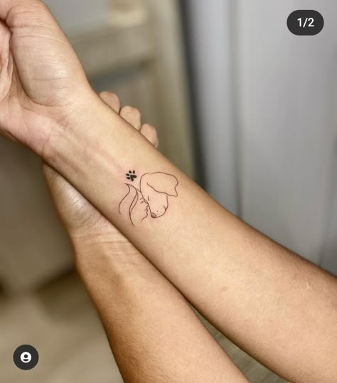 Tattoo About Dogs, Tattoo For Puppy, Dog Tribute Tattoo Small Lab, Dog And Girl Tattoo, Childhood Dog Tattoo, Dog Small Tattoo, Cocker Spaniel Tattoo Minimalist, Girl And Dog Tattoo, Dog Tattoos For Women