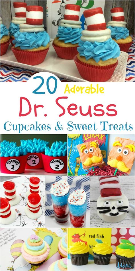 20 Adorable Dr. Seuss Cupcakes, Sweet Treats, and More #sweets #cupcakes #cookies #desserts #drseuss #treats #recipes Dr Seuss Recipes, Dr Suess Recipes, Dr Suess Desserts, Dr Seuss Desserts, Dr Seuss Classroom Treats, Dr Seuss Themed Food, Dr Seuss Treats For School, Dr Suess Food Ideas, Dr Suess Snacks