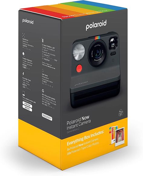 NOW CAMERA + FILM BUNDLE: The Polaroid Now Generation 2 point-and-shoot analog instant camera has all you need to catch every life moment in an original Polaroid photograph. FILM INCLUDED: The Now Everything Box includes the Now i-Type Instnat Camera (Black) plus a double pack of Color i-Type Film (16 photos) to get you shooting right out of the box. Polaroid Now, Polaroid Instant Camera, Film Polaroid, Polaroid Originals, Polaroid 600, Double Exposition, Polaroid Photography, Instant Photography, Instant Film Camera