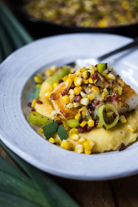 A simple delicious recipe for Halibut with corn, pancetta and sage, served over a "lightened-up" creamy polenta. And the best part is it can be made un under 30 minutes! | www.feastingathome.com Fish Taco Salad, Fish Entrees, Feasting At Home, Seared Fish, Halibut Recipes, Polenta Recipes, Seafood Entrees, Creamy Polenta, Easy Salmon Recipes