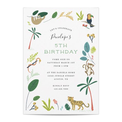 Lush Jungle Birthday Party Invitation - kids birthday Party Tiger Birthday Theme, Gender Neutral Invitations, Jungle Tiger, Animal Birthday Invitation, Jungle Birthday Party, Jungle Birthday, Jungle Baby Shower, Jungle Baby, Jungle Party