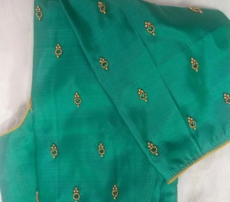 Threadwork Blouse Designs Simple, Simple Buttas For Blouse, Simple Butta Blouse Design, Buttas In Aari Work Blouse, Butta Designs For Blouse, Buttis Blouse Design, Simple Embroidery Motifs, Small Buttis Maggam Work, Very Simple Aari Work Blouse Design Blue