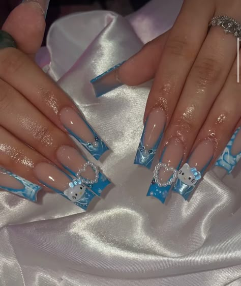 Baby Blue Acrylic Nails, Quinceanera Nails, Baby Blue Nails, Blue Acrylic Nails, Colored Acrylic Nails, Hello Kitty Nails, Pretty Gel Nails, Really Cute Nails, Unique Acrylic Nails