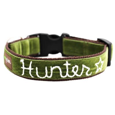 'Hunter' Personalized Dog Collar Green Dog Collar, Velvet Dog Collar, Red Dog Collar, Leather Dog Collar Custom, Dog Collar With Name, Embroidered Dog, Designer Dog Collars, Fancy Dog, Standard Poodles