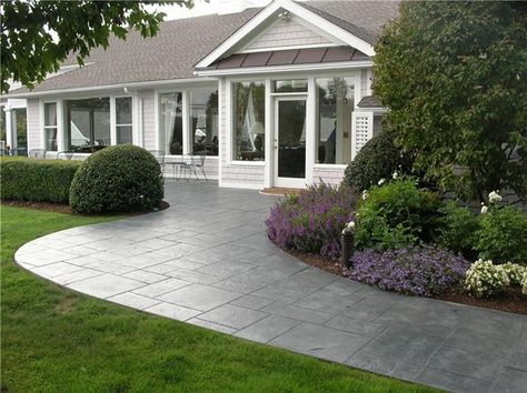 Stamped Front Walkway Concrete Walkways Designs in Concrete and Stonework Danbury, CT Curved Sidewalk, Walkway Concrete, Stamped Patio, Patio Step, Concrete Front Steps, Walkway Designs, Patterned Concrete, Stamped Concrete Walkway, Concrete Pathway