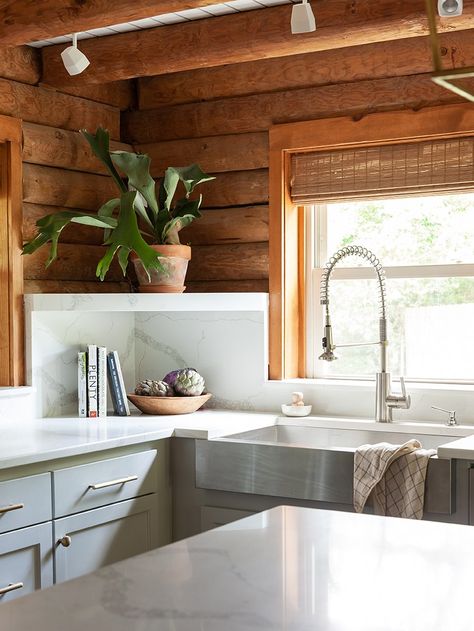 Log Cabin Renovation, Log Cabin Kitchen, Light Grey Kitchen Cabinets, Log Home Interior, Log Home Kitchens, Modern Log Cabin, Light Grey Kitchens, Cabin Renovation, Log Home Interiors