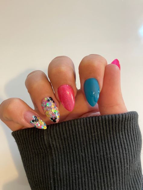 Find the hidden mickey 😏 Disney 50th Anniversary Inspired Nails, Mickey Nails Pink, Disney Nails Bright, Mickey Disney Nails, Colorful Mickey Nails, Low Key Disney Nails, Disney Flower Nails, Sorcerer Mickey Nails, Hidden Mickey Nails