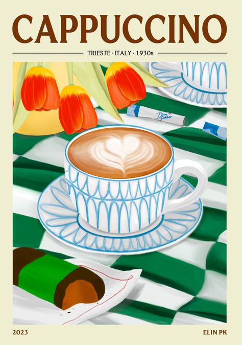 Our Cappuccino Poster is a captivating homage to the art of coffee. With rich colors and intricate details, it beautifully captures the essence of a perfectly crafted cappuccino, making it the centerpiece of any kitchen, coffee nook, or living space. It's like having a piece of your favorite café right at home. Recipes Chili, Art Of Coffee, Evolution Art, Women Artist, Bathroom Posters, Coffee Nook, Rp Ideas, Coffee Wallpaper, Pizza Food