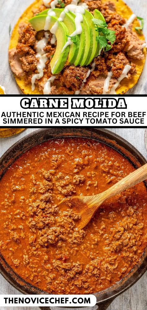 This juicy carne molida with homemade tomato salsa is the easy dinner your weeknight menu was missing. You'll love every spicy, smokey, and crunchy bite! You can also make tacos, tostadas, burritos, or enjoy it on its own with a side of red rice and guacamole. Authentic Taco Meat Ground Beef, Ground Beef Tostadas Mexicanas, Authentic Mexican Ground Beef Recipes, Ground Beef Tostada Recipes, Authentic Ground Beef Enchiladas, Hamburger Meat Recipes Mexican, Ground Beef Tostadas, Mexican Hamburger Recipes, Carne Molida Recipe