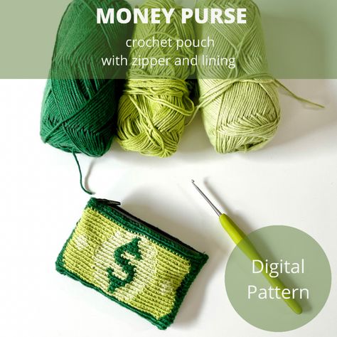 Easy Crochet Pouch, Crochet Zipper, Dollar Symbol, Crochet Purse Pattern, Pouch Crochet, Crochet Green, Pouch With Zipper, Money Purse, Money Pouch