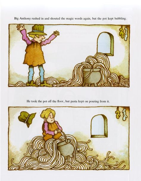 Tomie dePaola. Illustrations from his book 'Strega Nona', 1975. Strega Nona Tattoo, Tomie Depaola, Strega Nona, Classic Childrens Books, Send In The Clowns, Storybook Art, Reading Rainbow, Vintage Book Covers, Childhood Books