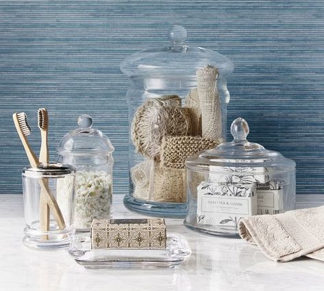 Bathroom Accessories, Bathroom Sets & Bath Decor | Pottery Barn Bathroom Canister Ideas, Bath Salt Containers, Large Glass Canisters, Apothecary Jars Decor, Bath Beads, Glass Bathroom Accessories, Bathroom Canisters, Lotion Containers, Laundry Hampers