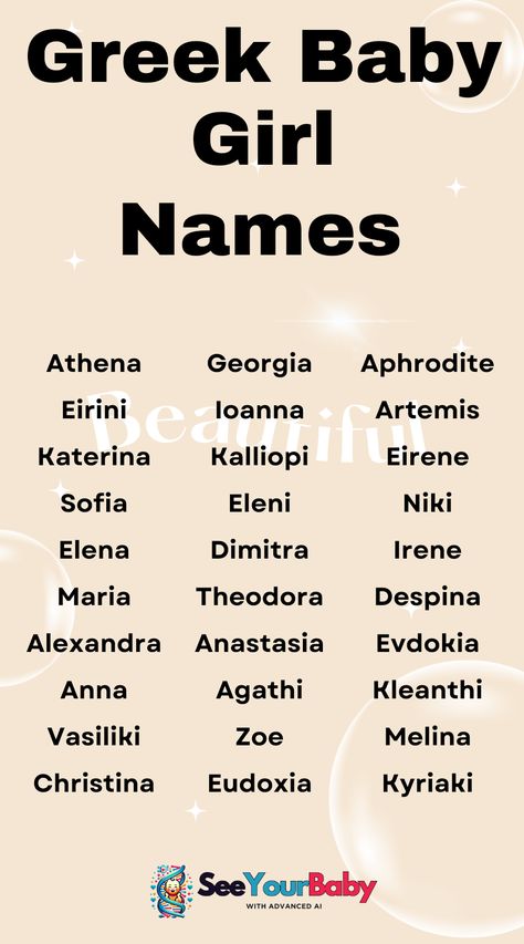 These Greek baby girl names are beautiful and timeless. Perfect for parents wanting a name inspired by mythology and tradition. Greek Goddess Names Mythology, Romani Names, Greek Names Girl, Greek Female Names, Greek Goddess Names, Greek Mythology Names, Greek Baby Girl Names, Traditional Girl Names, Greek Girl Names