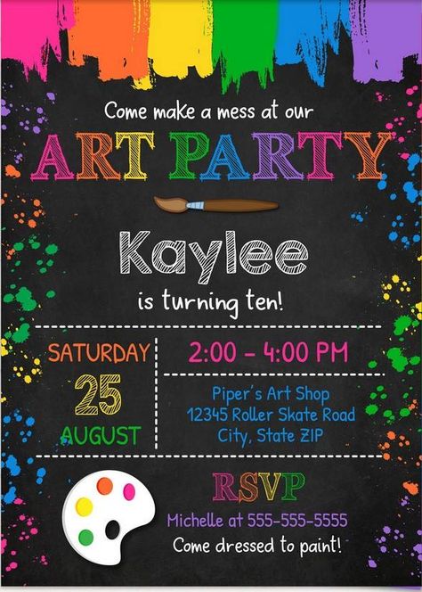 FREE Printable Art Party Invitation Template | FREE Invitation Templates - Drevio Paint Birthday Invitations, Paint Party Invites Free Printable, Painting Birthday Party Invitations, Art Party Invite, Art Party Invitations Free Printables, Free Invitation Templates Birthday, Color Party Invitations, Paint Party Ideas For Kids, Paint Party Decorations