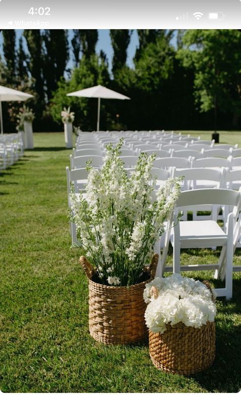 Ribbon Isle Wedding, Alter Flower Pillars, Ceremony Flower Columns, Wedding Aisle Decorations Outdoor Spring, Wedding Decor Natural, Flower Pots Wedding Aisle, Outdoor Wedding Altar Ideas, Wedding Alter Florals, Backyard Wedding Aisle Ideas