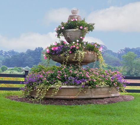 Fountain turned into lovely planter - France. Fountain Turned Into Planter, Old Fountain Planter, Water Fountain Flower Bed, Fountains With Flowers, Flower Fountain Ideas, Water Fountain With Flowers, Fountain Planter Ideas, Flowers In Fountain, Fountain With Plants