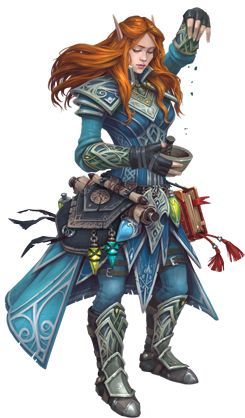 Female Alchemist / wizard with spellbook, potions And Awesome Blue Layered Armour / Outfitt Cool Redhead Elf Your Place in the Story - Fantasy Flight Games Elven Alchemist, Elf Wizard Female Dnd, Elf Alchemist, Elf Mage Female, Female Elf Wizard, Female Alchemist, Female Artificer, Wizard Cloak, Elf Wizard