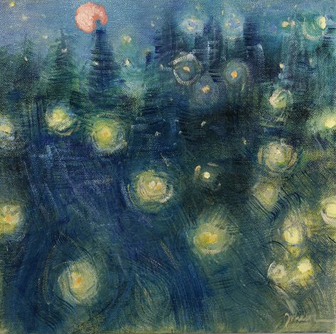 Fireflies at Dusk in Maine - oil on canvas 20 cm x 20 cm Firefly Drawing, Firefly Painting, Firefly Art, Summer Exhibition, William Blake, Grain Of Sand, Harvest Moon, Human Art, Ethereal Art