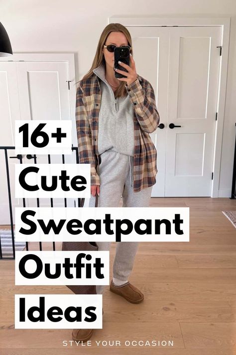 How to Style Sweatpants: 16+ Chic Sweatpants Outfit Ideas. Find out how to style sweatpants for a chic fall wardrobe with our guide to 16+ chic sweatpants outfit ideas. Whether you're after cute sweatpants outfits for school, baggy fits, street styles, baddie trends, or casual looks, we have the best black, grey, and cream sweatpants outfits. Casual outfits, fall outfits, chic outfits. Sweatpants Outfits For Women, What To Wear With Baggy Sweatpants, Sweat Clothes Outfits, Sweatsuit Styling, Oversized T Shirt With Sweatpants, How To Style Sweat Pants For Women, Ways To Style Black Sweatpants, Joggers And Flannel Outfit, Sweat Pants Outfits Women