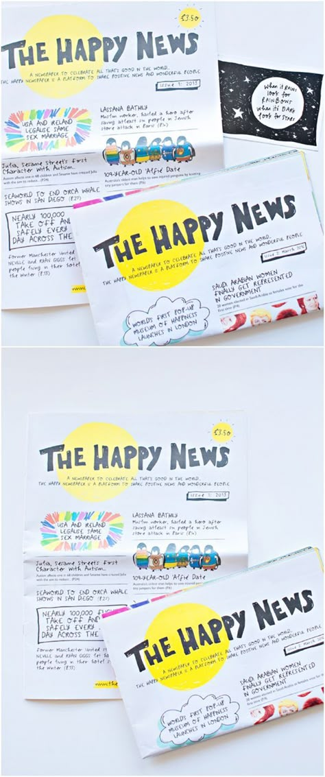 The Happy Newspaper is a Fun Way to Share Happy News Around The World. Such a good idea, a publication focused only on good things and wonderful people with happy illustrations. Great way to share good news with your kids! Happy Newspaper, Make Your Own Newspaper, Happy Illustrations, School Newspaper, Kids Art Studio, Student Newspaper, Beginner Reader, Kids News, Happy News