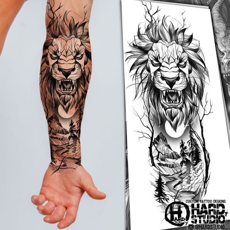 Tattoo Designs Lion, Lion Nature, River Tattoo, Moon Forest, Lion Tattoo Sleeves, African Tattoo, Wolf Tattoo Sleeve, Lion Head Tattoos, Clever Tattoos