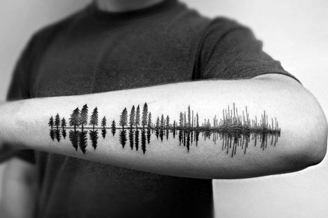 50 Tree Line Tattoo Design Ideas For Men - Timberline Ink Treeline Tattoo, Blurred Tattoo, Tree Line Tattoo, Line Tattoo Design, Maine Tattoo, Tattoos Realism, Realism Watercolor, Natur Tattoo Arm, Tree Tattoo Men