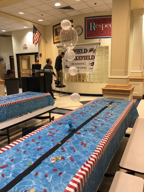 Swimming Graduation Party, Swim And Dive Banquet, Swim Banquet Decorations, Swim Team Banquet, Swim Banquet Centerpieces, Swim Team Banquet Ideas, Swim Banquet Ideas, Summer Swim Team, Swim Team Party