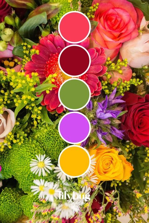 Bright Colour Palette Inspiration, Lilybug Design, Friendly Graphic Design, Floral Colour Palette, Floral Color Palette, Floral Palette, Color Theory Art, Colours That Go Together, Wedding Color Pallet