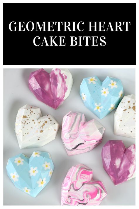 Geometric Heart Mold Cake Bites | Mother's Day Dessert Idea 👩🏼‍🍳✨ Today I show you how to take the mini geometric heart mold and make cake bites! I decorate the geo heart cake bites four different ways using a couple different techniques. These are so cute for spring and are a great treat idea for Mother's Day. Enjoy! Heart Molds Silicone Ideas Chocolate, Heart Mold Desserts, Heart Cake Mold, Geo Cake Hearts, Chocolate Heart Mold, Heart Chocolate Mold Ideas, Heart Mold Ideas, Geometric Heart Chocolate, Geo Heart Cake